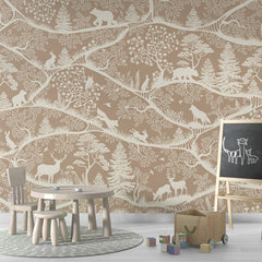 Nordic Nature – Brown White wallpaper mural shown in a children's playroom chalkboard