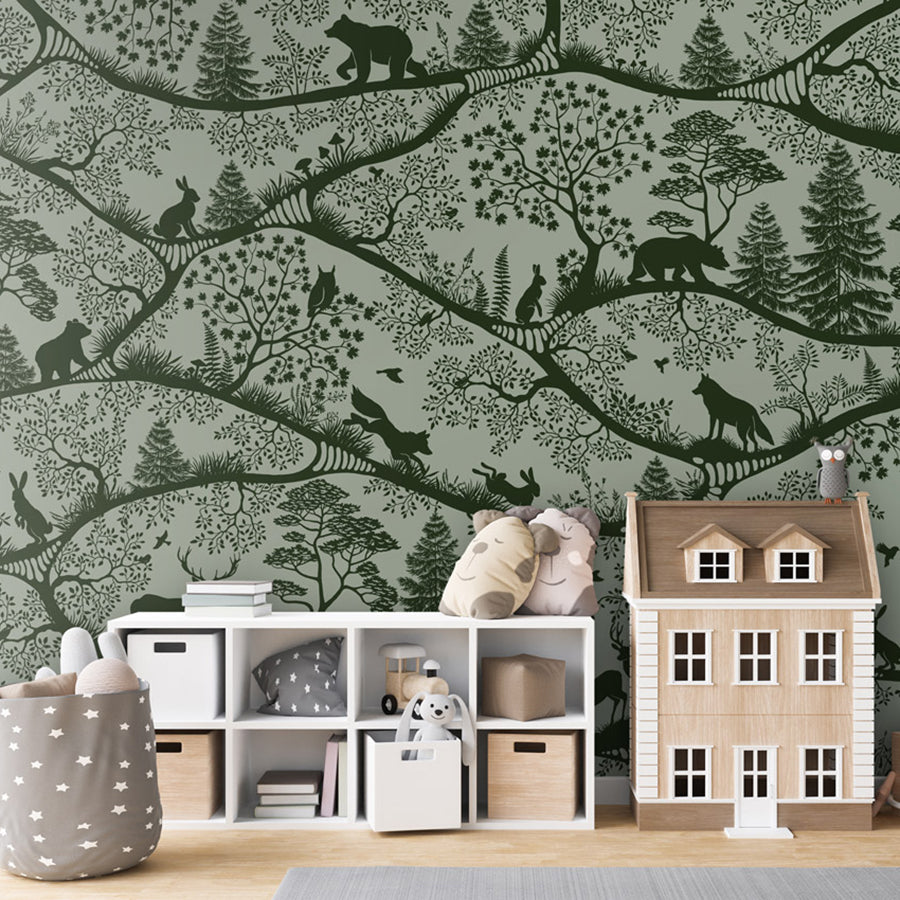 Nordic Nature – Green Green wallpaper mural shown in a children's bedroom house bed