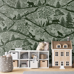 Nordic Nature – Green Green wallpaper mural shown in a children's bedroom house bed