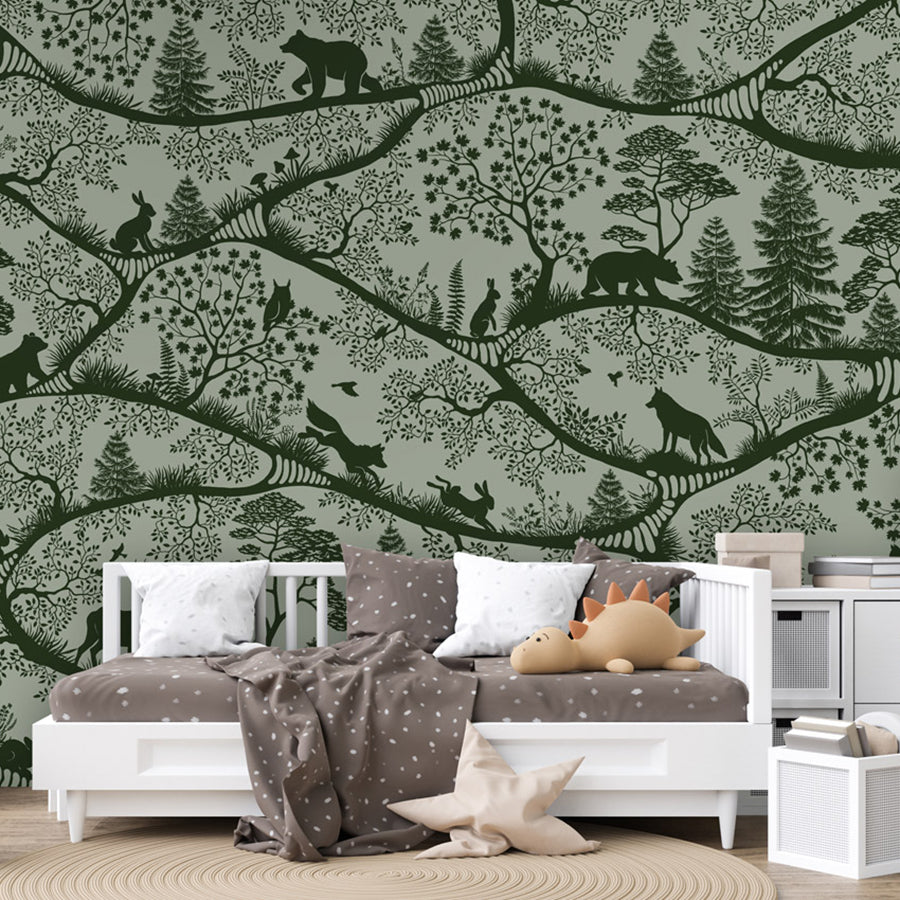 Nordic Nature – Green Green wallpaper mural shown in a children's bedroom sofa