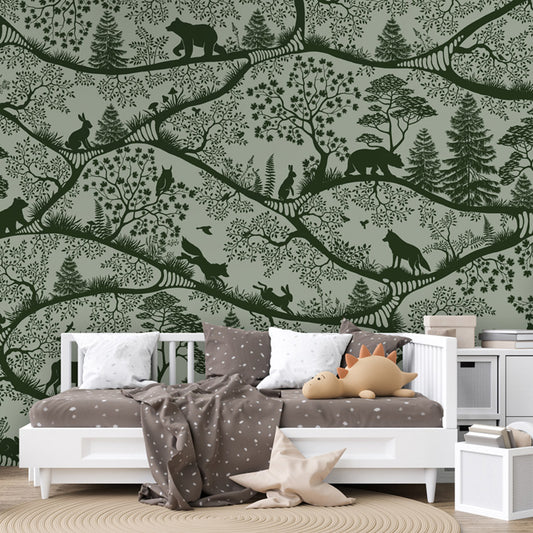 Nordic Nature – Green Green wallpaper mural shown in a children's bedroom sofa