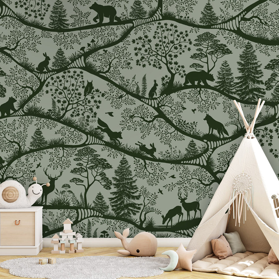 Nordic Nature – Green Green wallpaper mural shown in a children's bedroom teepee