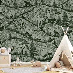 Nordic Nature – Green Green wallpaper mural shown in a children's bedroom teepee