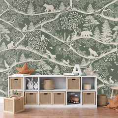 Nordic Nature – Green White wallpaper mural shown in a children's bedroom dresser