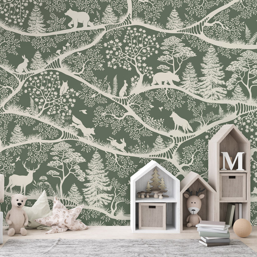 Nordic Nature – Green White wallpaper mural shown in a children's bedroom house shelves