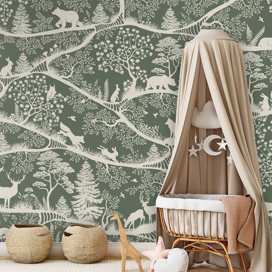 Nordic Nature – Green White wallpaper mural shown in a children's nursery canopy crib