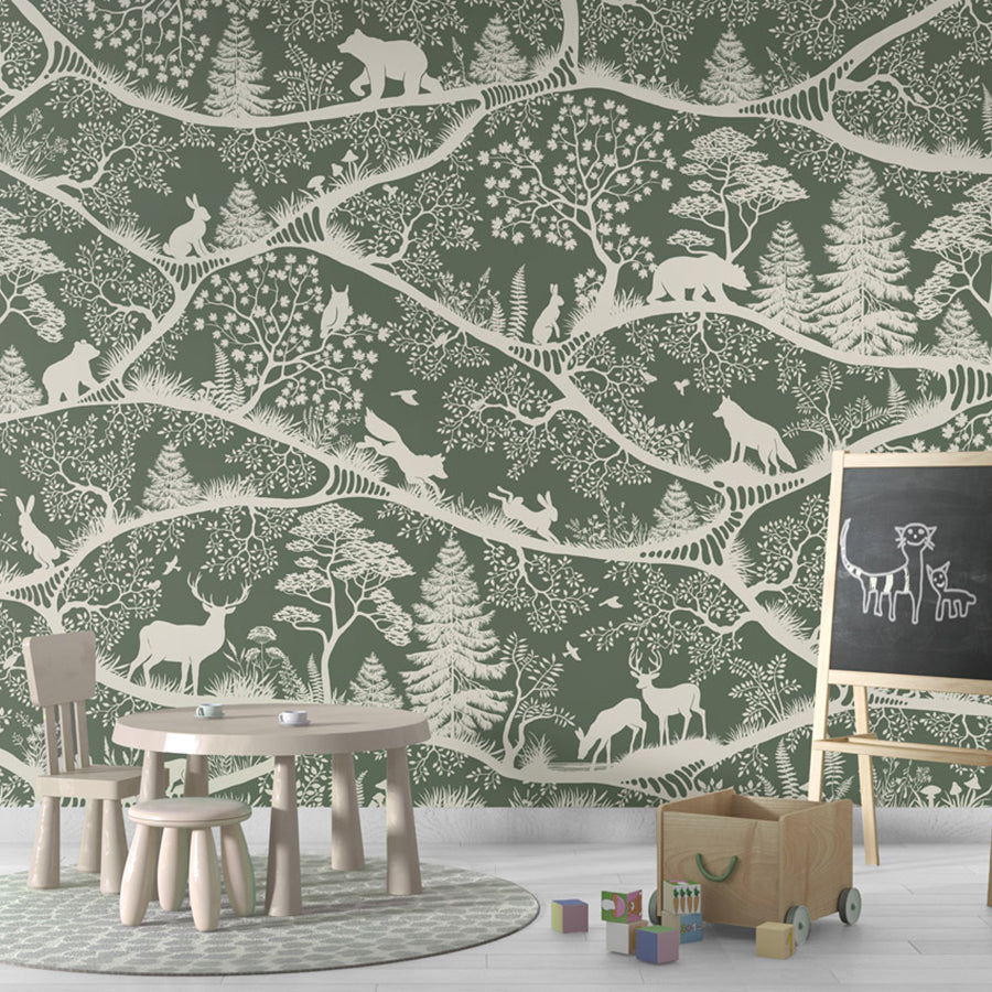 Nordic Nature – Green White wallpaper mural shown in a children's playroom chalkboard