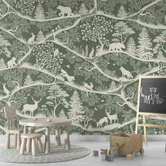 Nordic Nature – Green White wallpaper mural shown in a children's playroom chalkboard