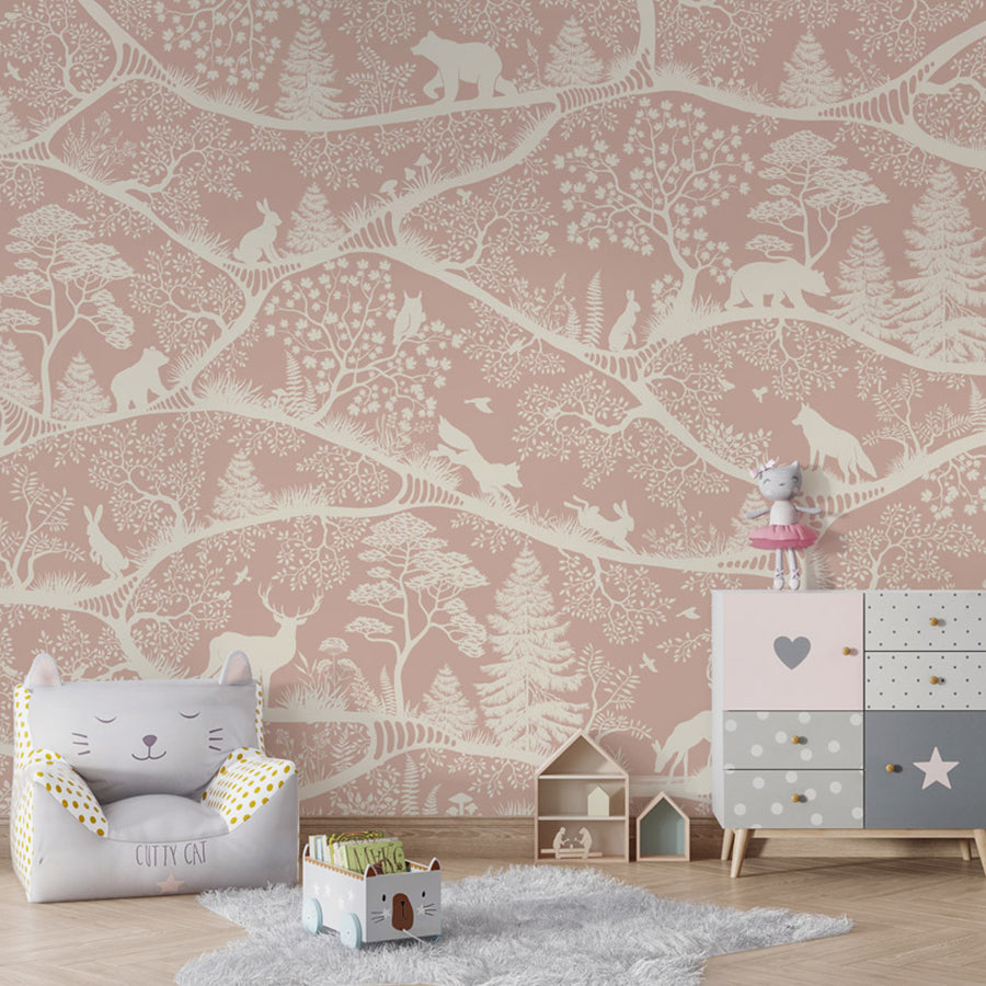 Nordic Nature – Pink White wallpaper mural shown in a children's bedroom armchair