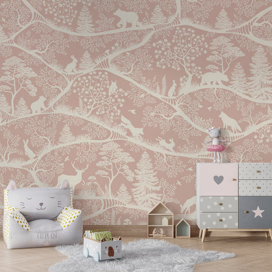 Nordic Nature – Pink White wallpaper mural shown in a children's bedroom armchair