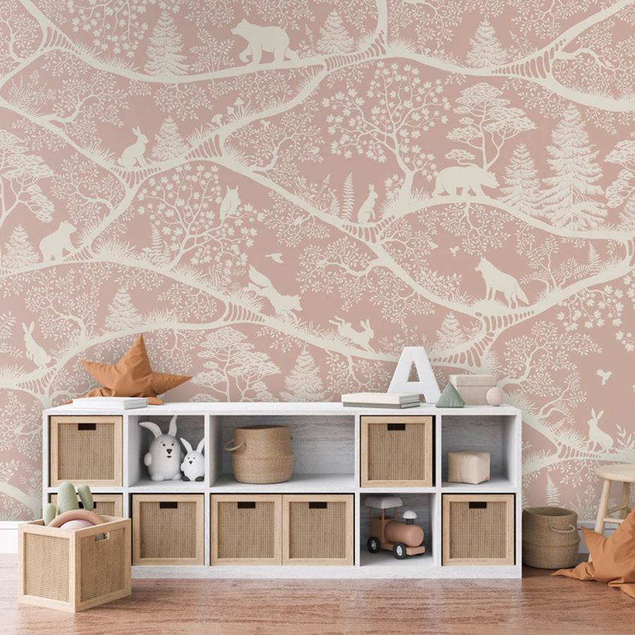 Nordic Nature – Pink White wallpaper mural shown in a children's bedroom dresser