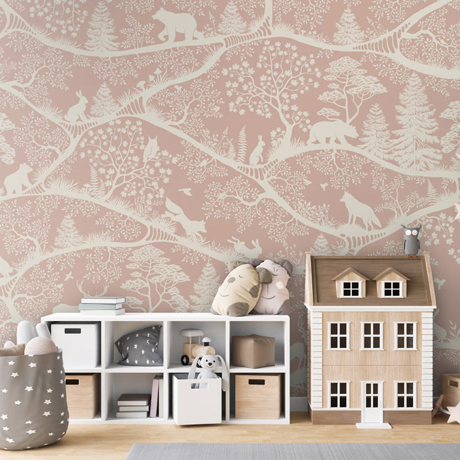 Nordic Nature – Pink White wallpaper mural shown in a children's bedroom house bed