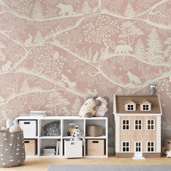 Nordic Nature – Pink White wallpaper mural shown in a children's bedroom house bed