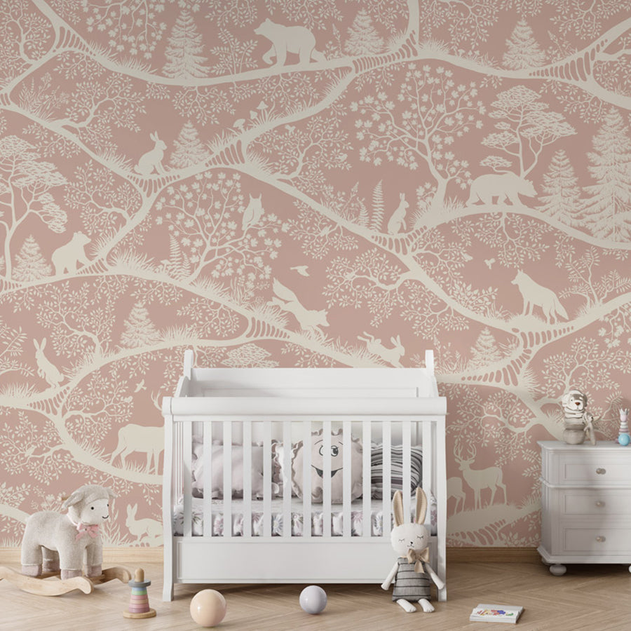 Nordic Nature – Pink White wallpaper mural shown in a children's nursery crib