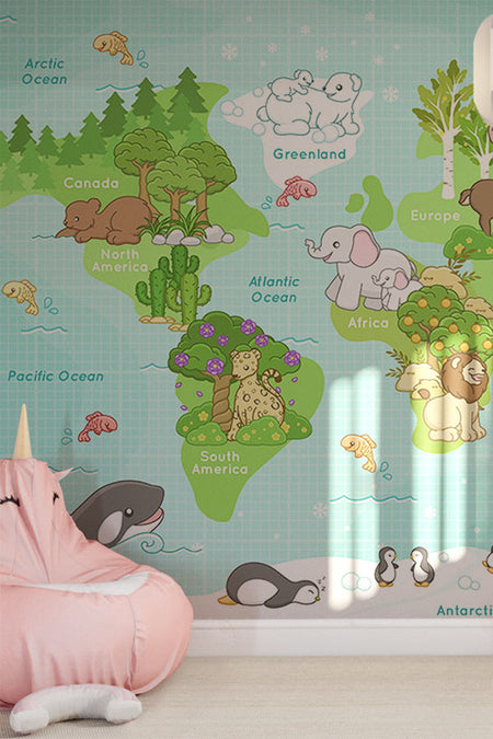 Playroom children's world map wallpaper in a nursery room setting