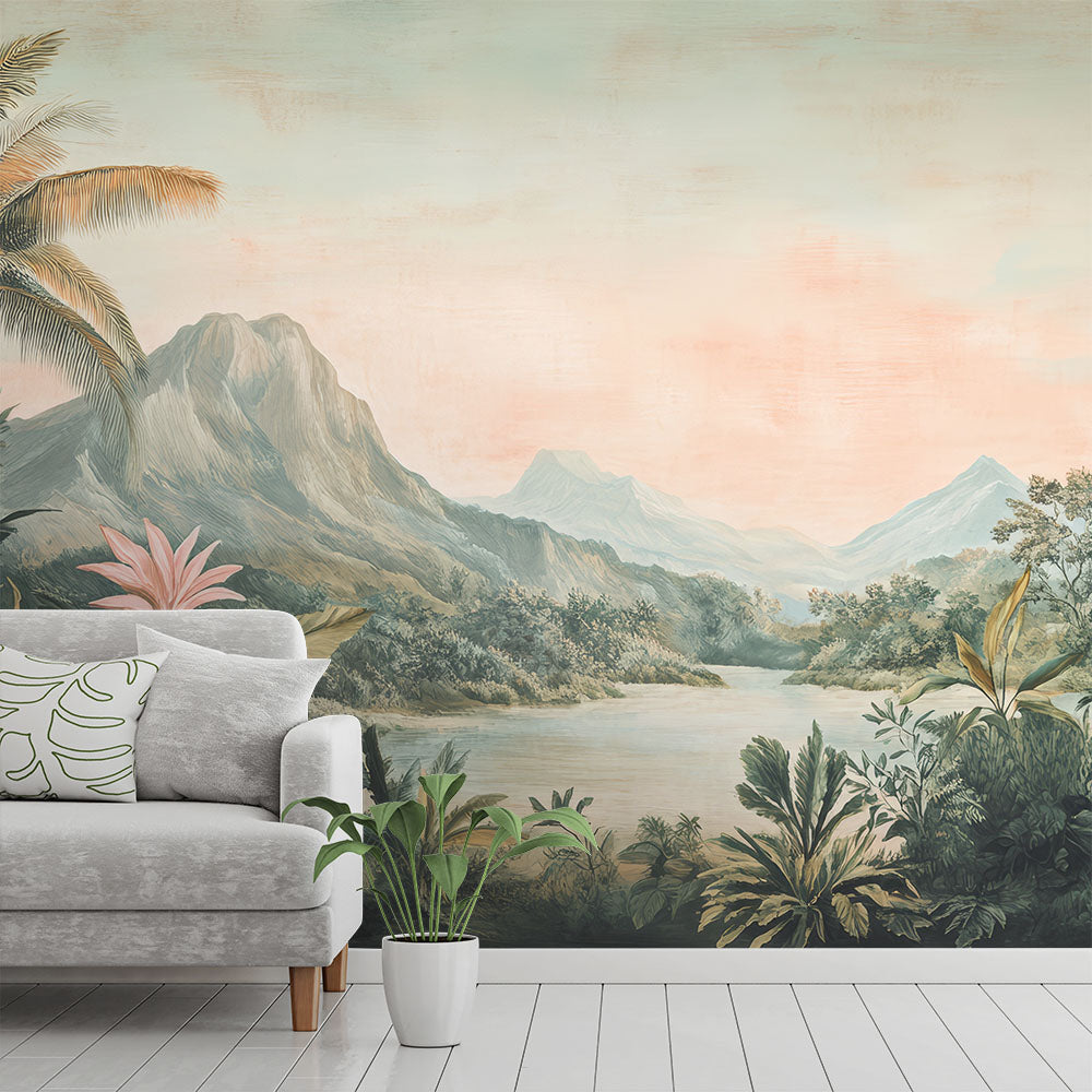 Made-to-measure botanical landscape wallpaper mural in a contemporary living room