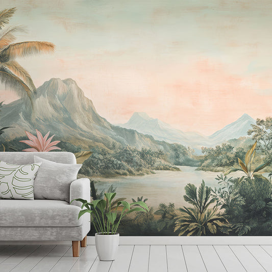 Made-to-measure botanical landscape wallpaper mural in a contemporary living room