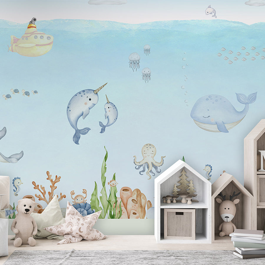 Ocean Joy wallpaper mural shown in a children's bedroom house shelves