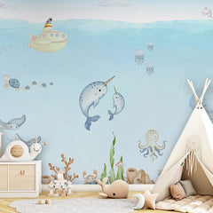 Ocean Joy wallpaper mural shown in a children's bedroom teepee