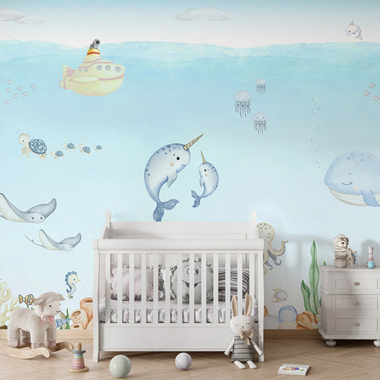 Ocean Joy wallpaper mural shown in a children's nursery crib