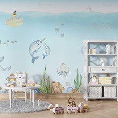 Ocean Joy wallpaper mural shown in a children's playroom table