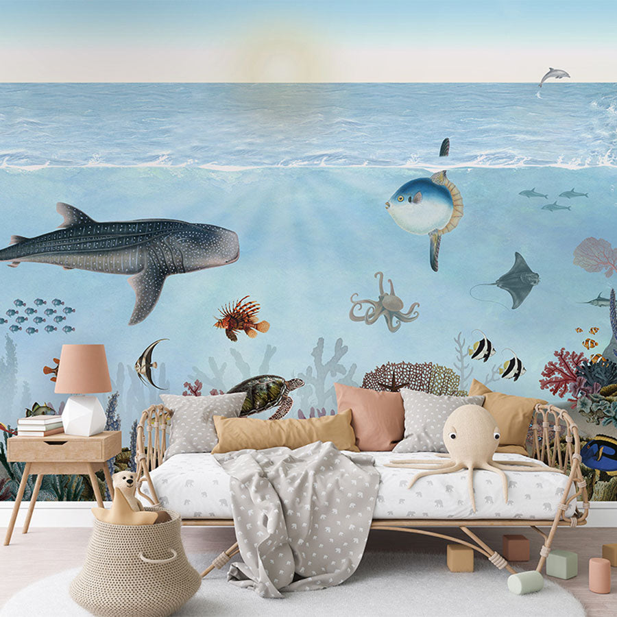 Ocean Lookbook wallpaper mural in a children’s bedroom rattan daybed