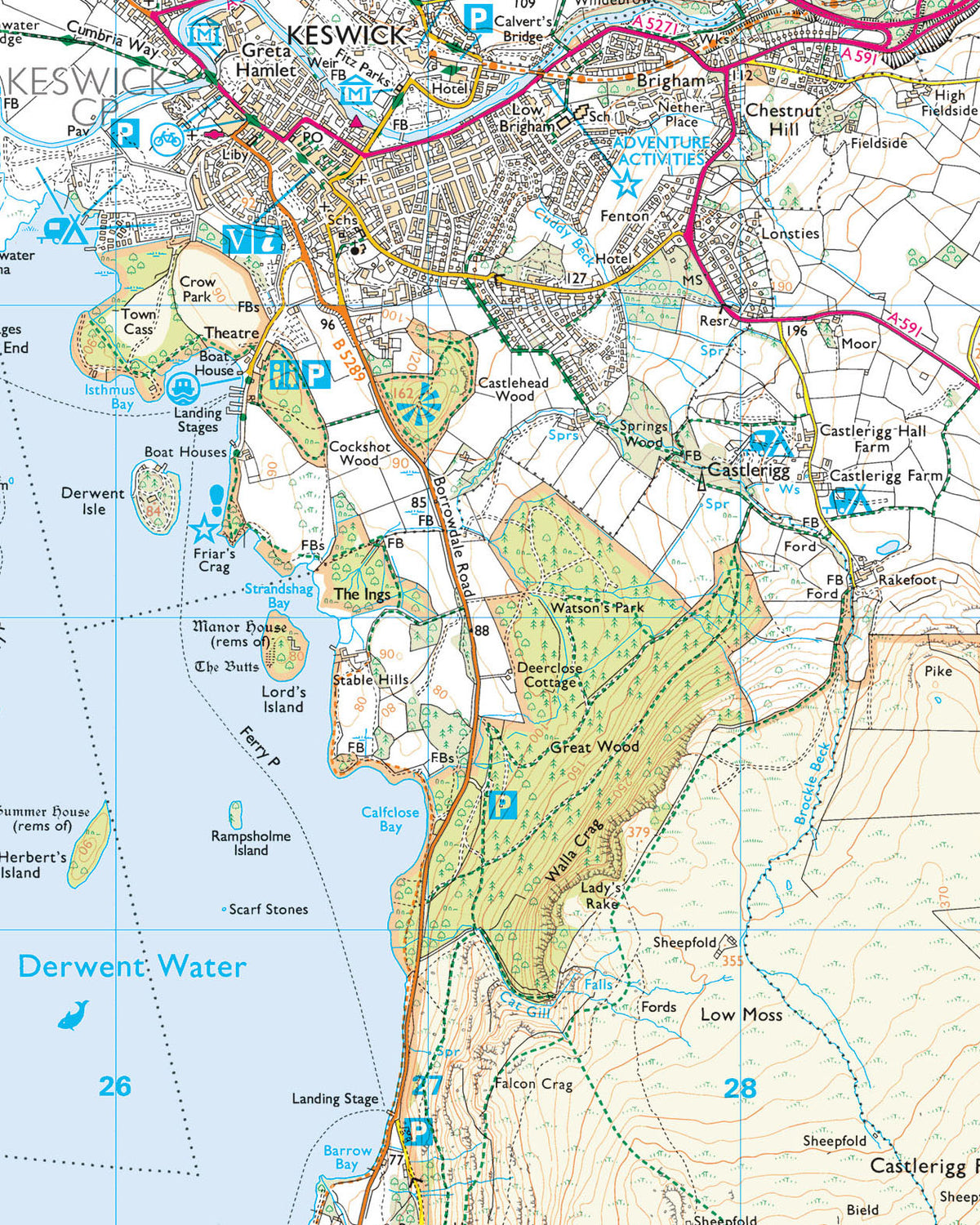 Close up view of OS Explorer mapping data showing Derwent Water and Kesick