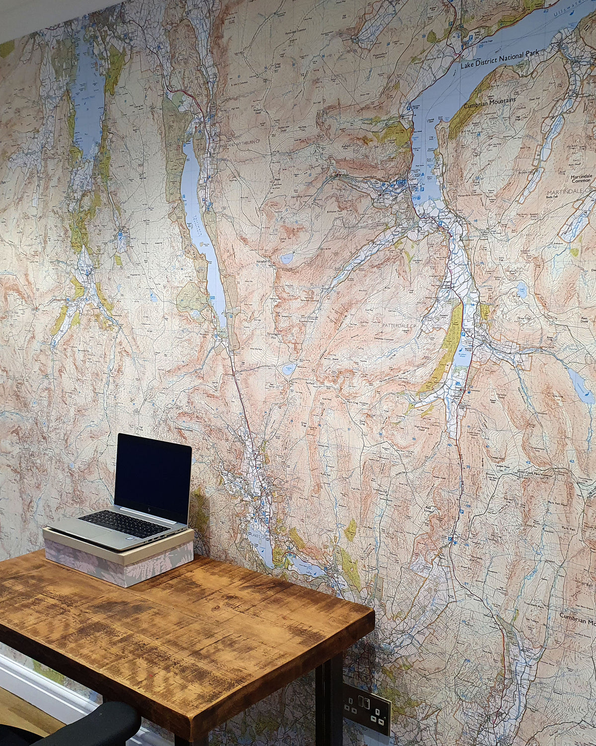 OS Explorer Lake District map wallpaper mural in a home office