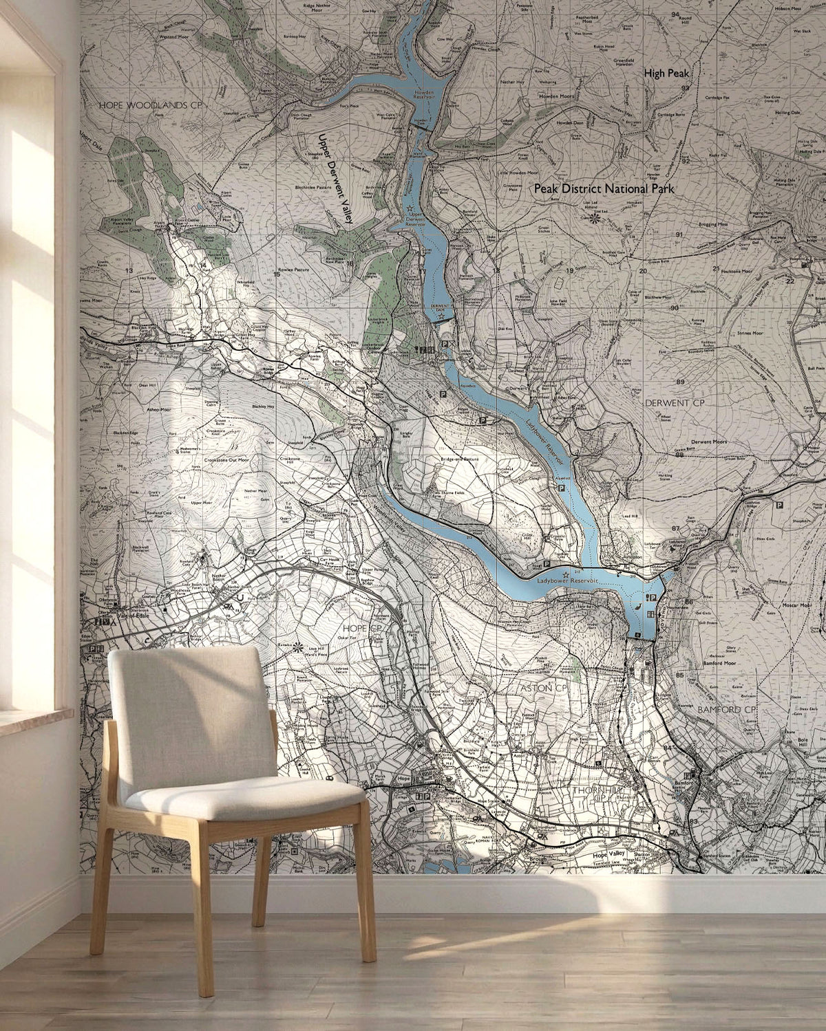 Black and white OS Explorer Peak District map wallpaper with blue water and green park areas