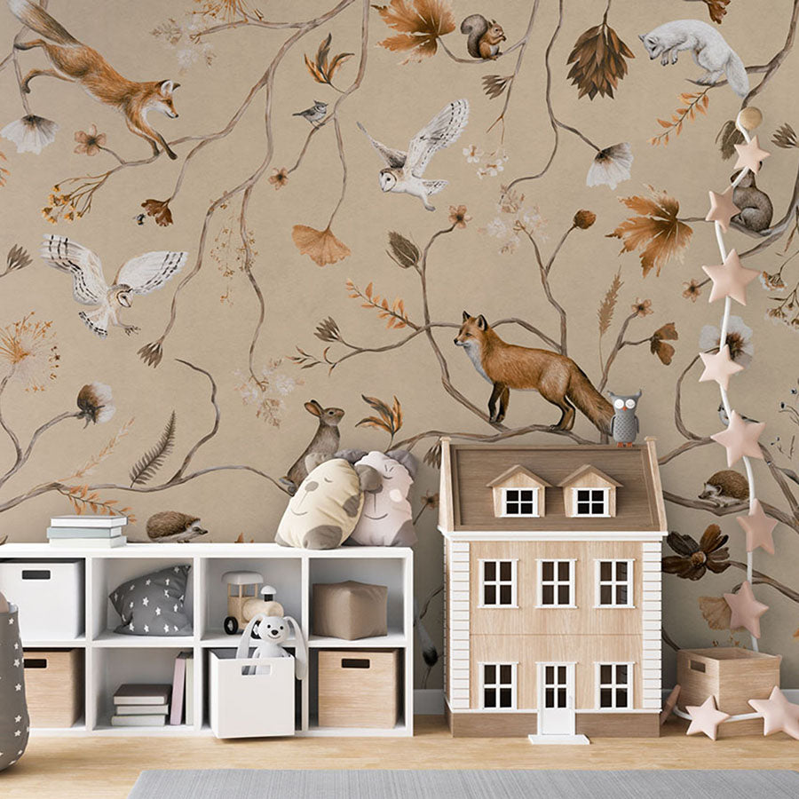 Playful Forest – Beige wallpaper mural in a children’s dollhouse