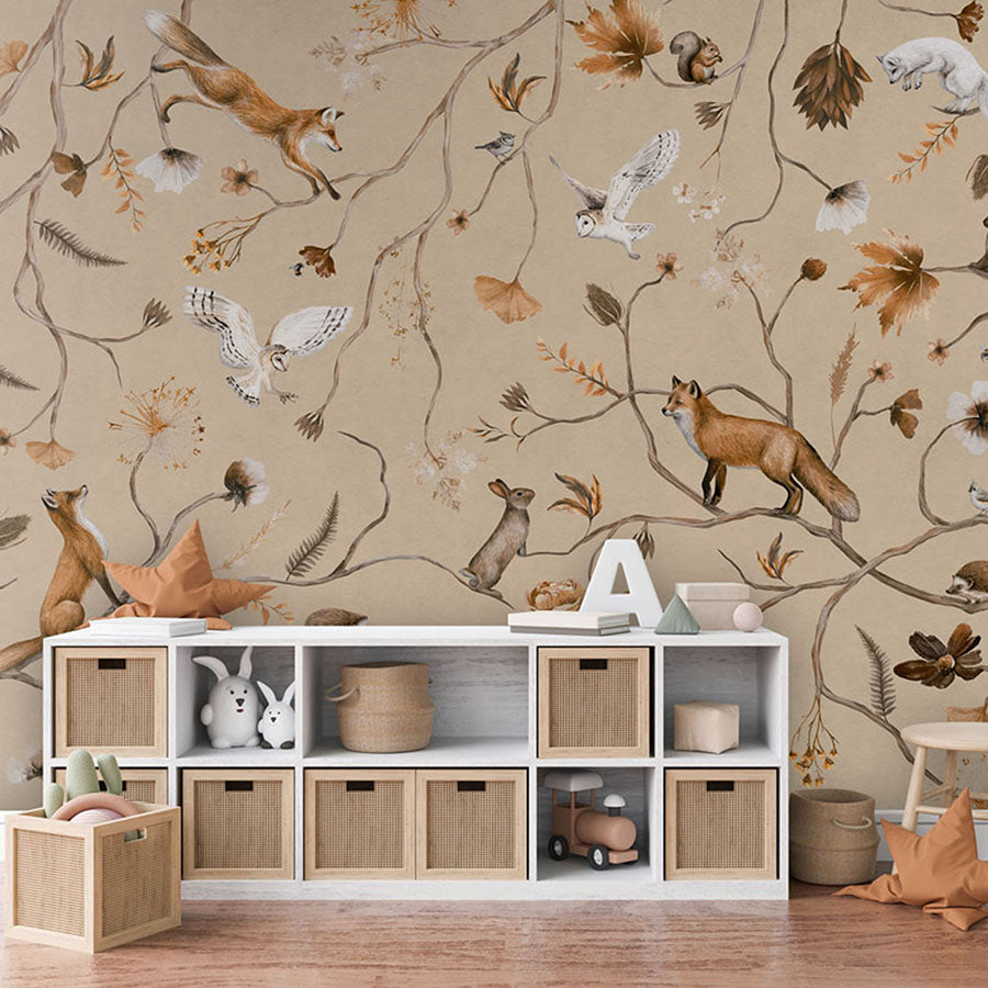 Playful Forest – Beige wallpaper mural in a playroom storage