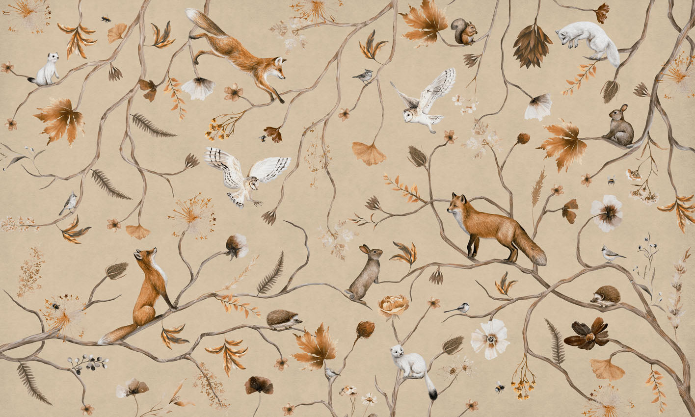 Playful Forest – Beige wallpaper mural by Kikki Belle