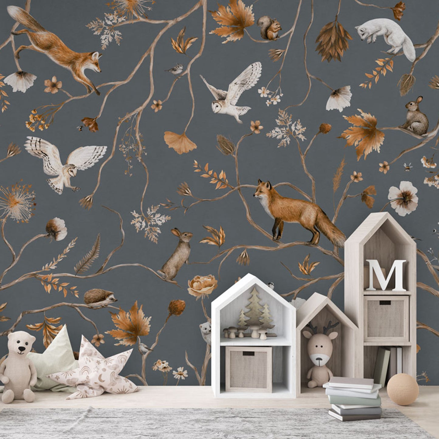 Playful Forest – Blue wallpaper mural in a children’s playroom storage