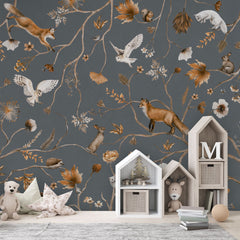Playful Forest – Blue wallpaper mural in a children’s playroom storage