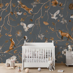 Playful Forest – Blue wallpaper mural in a nursery crib