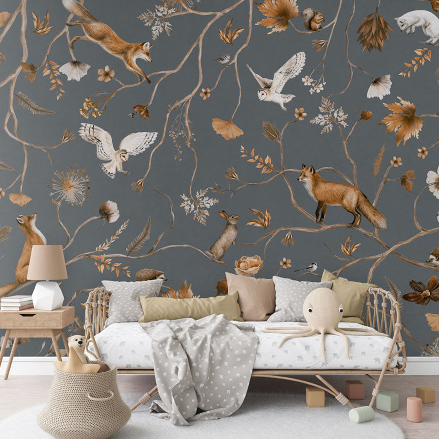 Playful Forest – Blue wallpaper mural in a rattan daybed