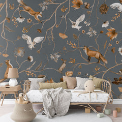 Playful Forest – Blue wallpaper mural in a rattan daybed