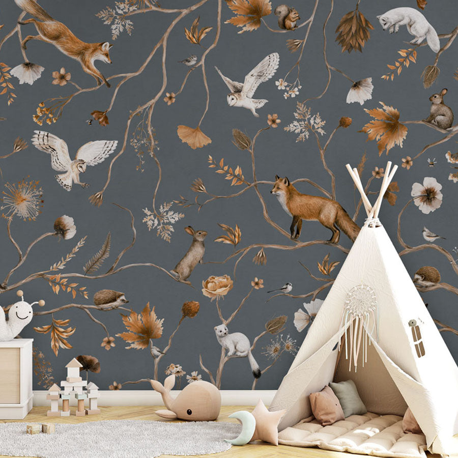 Playful Forest – Blue wallpaper mural in a teepee playroom