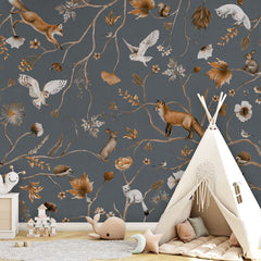 Playful Forest – Blue wallpaper mural in a teepee playroom