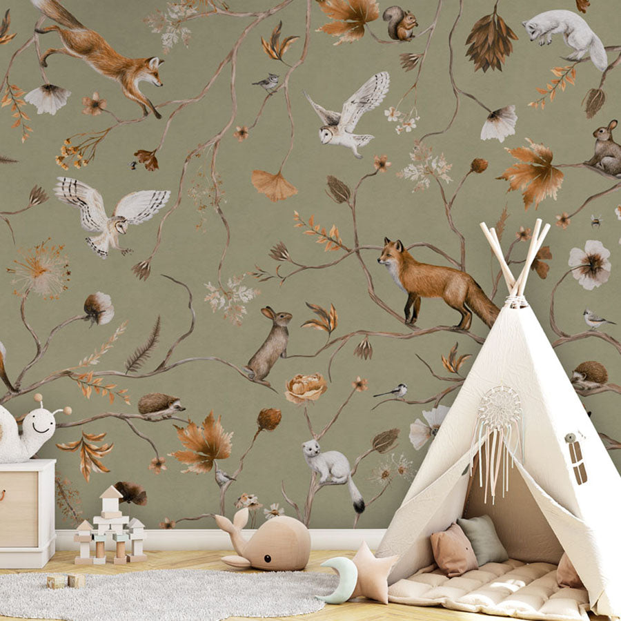 Playful Forest – Green wallpaper mural in a children’s playroom tipi