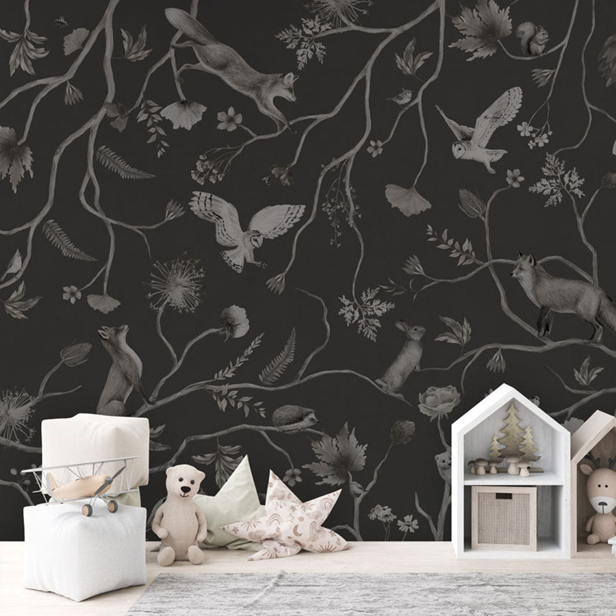 Playful Forest – Monochrome Black wallpaper mural in a children’s playroom storage