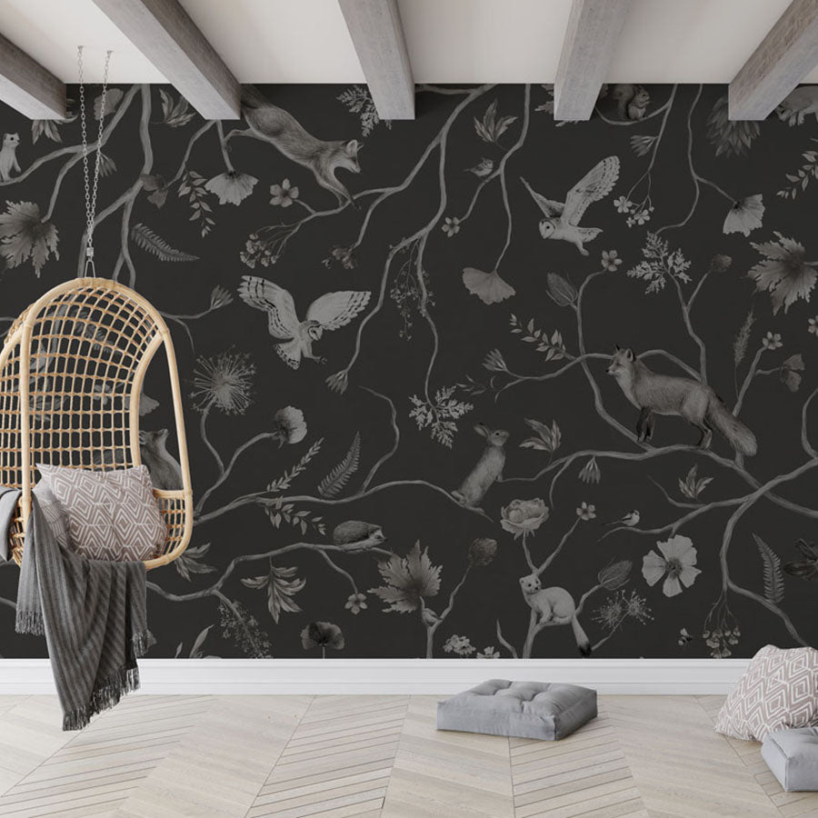Playful Forest – Monochrome Black wallpaper mural in a hanging chair