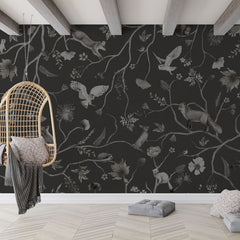 Playful Forest – Monochrome Black wallpaper mural in a hanging chair
