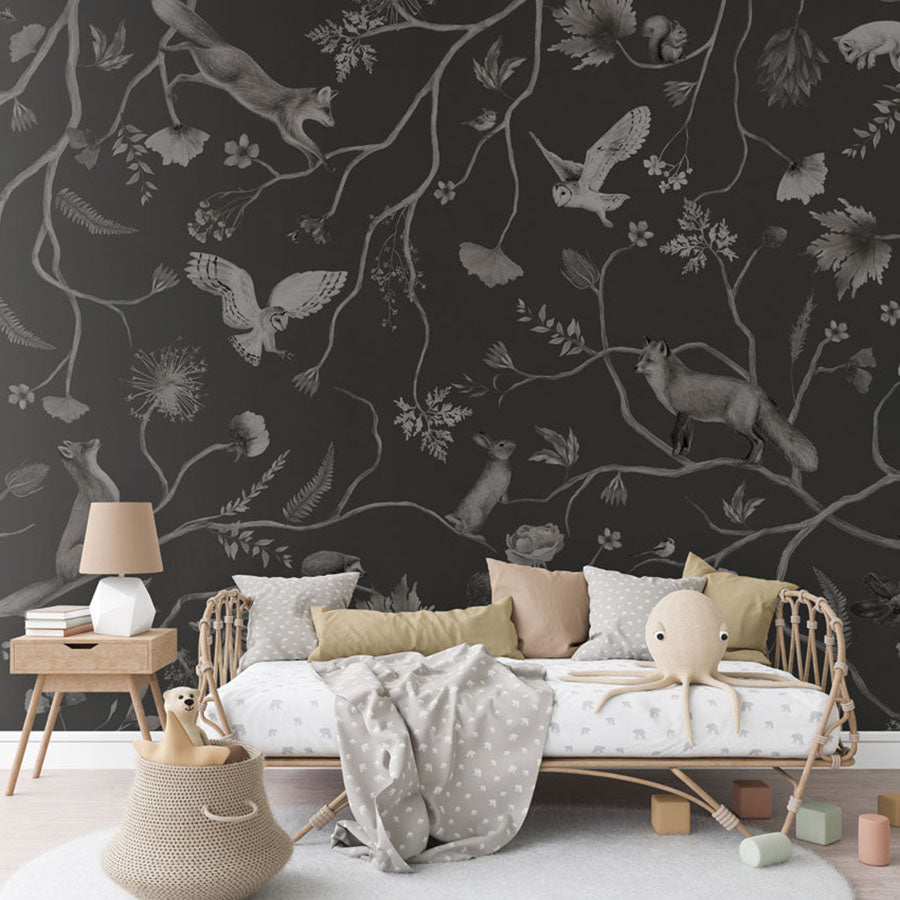 Playful Forest – Monochrome Black wallpaper mural in a rattan daybed
