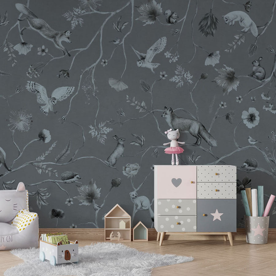Playful Forest – Monochrome Blue wallpaper mural in a chair cabinet