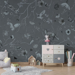 Playful Forest – Monochrome Blue wallpaper mural in a chair cabinet