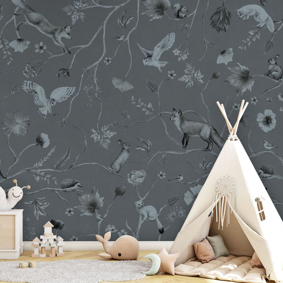 Playful Forest – Monochrome Blue wallpaper mural in a children’s playroom tipi
