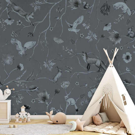 Playful Forest – Monochrome Blue wallpaper mural in a children’s playroom tipi