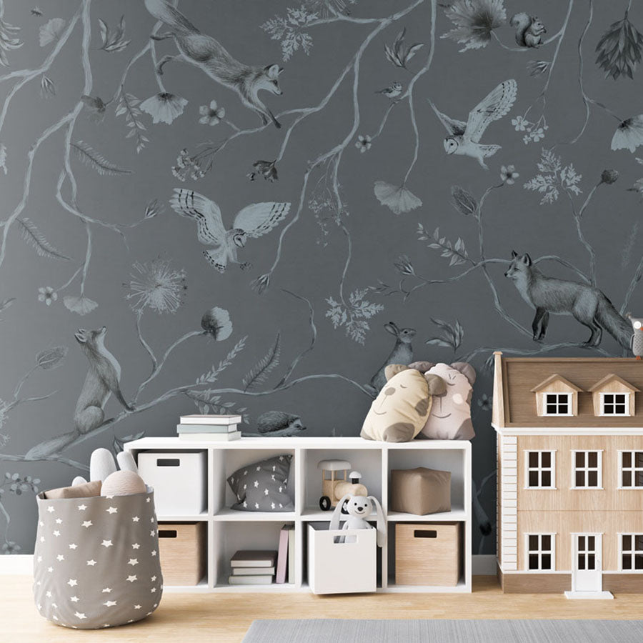 Playful Forest – Monochrome Blue wallpaper mural in a children’s playroom