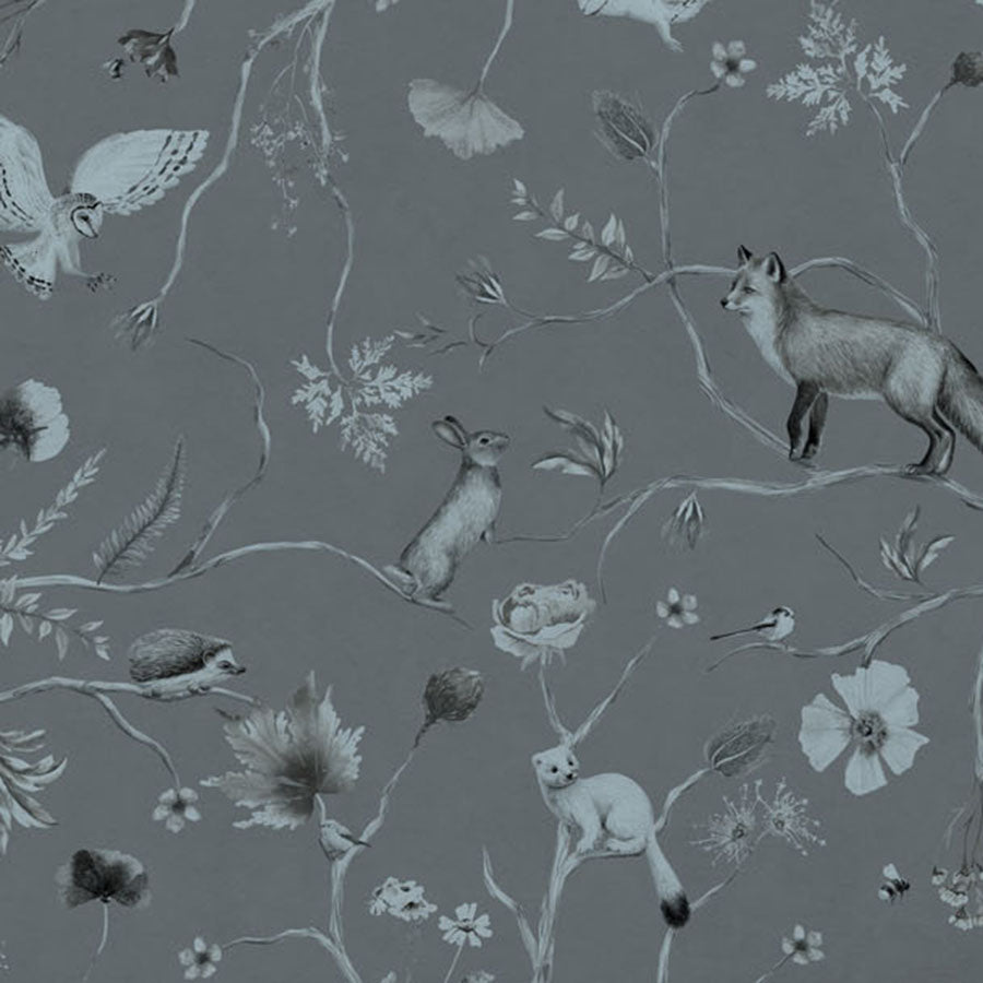 Close-up of the Playful Forest – Monochrome Blue wallpaper mural